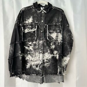Elan Black & White Tie Dye Frayed Rock and Roll Denim Jacket